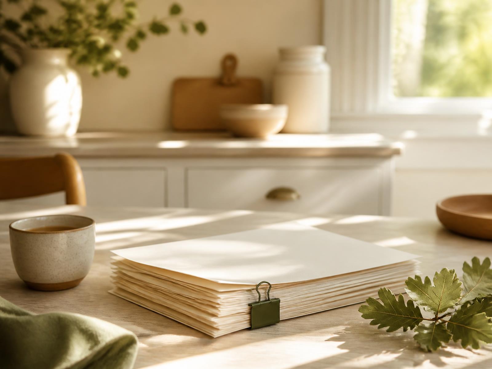 A sunlit kitchen table with a family organization binder, documents and a cup of coffee
